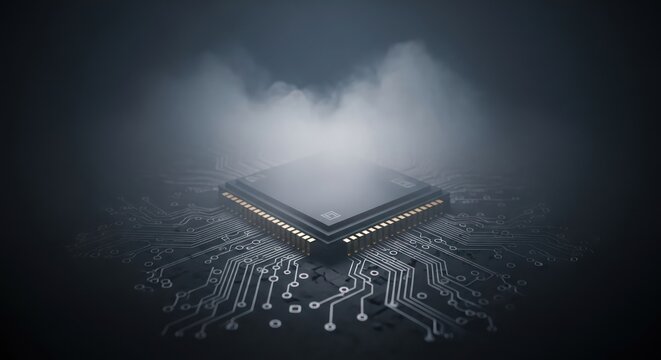 A futuristic portrayal of a powerful processing unit amidst ethereal wisps and intricate circuitry