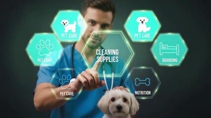 Veterinarian interacting with a digital interface with a small white dog in the foreground - Powered by Adobe