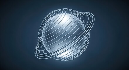 Abstract sphere enclosed within an elliptical wire frame, rendered in muted blue tones, evoking
