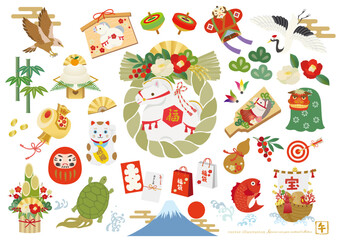 かわいい水彩タッチの午年の年賀用カットイラスト素材セット