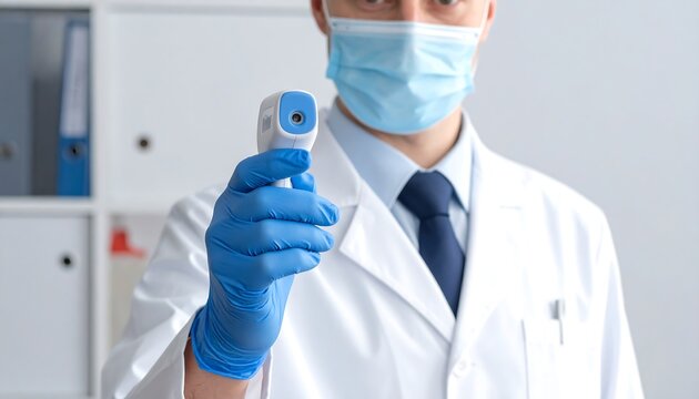 A healthcare professional holds a digital thermometer, displaying preparedness and precaution in a modern clinical setting.