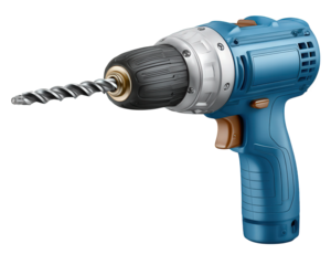 Blue cordless power drill tool for construction and carpentry work. This clipart illustration equipment for repair and workshop use, powerful machine ready for any project
