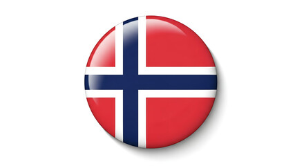 Obraz premium ​A shiny, oval button icon showcasing the red, white, and blue Scandinavian cross flag of Norway.
