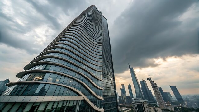 View of a curved skyscraper against a cloudy sky in the city