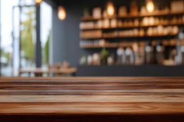 Warm, inviting atmosphere with a rustic wooden table in the foreground, blurred cafe interior and ambient lighting in the background
