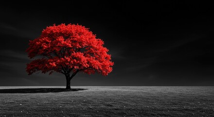 Blue and red tree set against a black-and-white background landscape.

