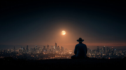 Obraz premium Man with hat overlooking illuminated cityscape under a full moon sky.