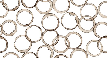 Coffee stain rings pattern on white background offering a unique texture for graphic design and creative projects