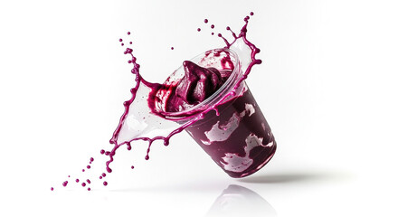 Acai smoothie splash in plastic cup, dynamic frozen motion with juice explosion effect.
