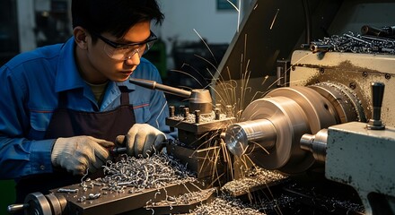 Focused Machinist Operating Industrial Lathe.