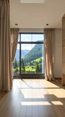 Fototapeta premium A sunny room with large windows showcasing a scenic mountain vista. Light beige curtains frame the view of verdant hills and valleys.