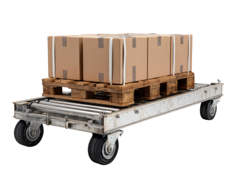 Wooden pallet with stacked cardboard box cargo on metal conveyor for logistics and shipping. Efficient warehouse transportation and distribution on an isolated background