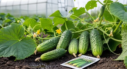 Fresh Cucumbers Growing on the Vine with Seed Packet in a Greenhouse.