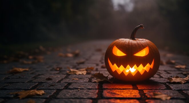 Jack o lantern on brick path with leaves