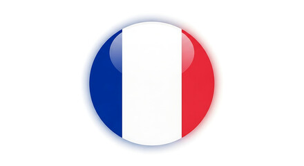 A glossy, circular button icon showcasing the blue, white, and red striped flag of France.