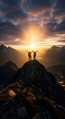 Two hikers silhouetted on a mountain peak at sunrise, celebrating their summit achievement.