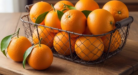 Fresh Oranges in a Wicker Basket on a Wooden Table.