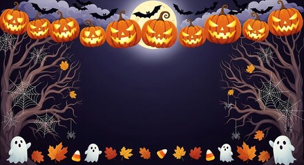 Halloween Night Scene with Pumpkins, Ghosts, and Bats.