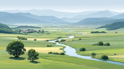 A picturesque rural scene featuring a meandering river flowing through lush green fields and surrounded by rolling hills under a clear sky.