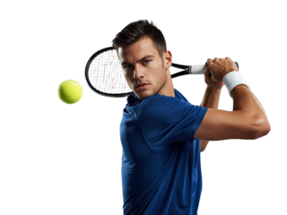 Intense tennis player poised to strike the ball against an isolated clear setting