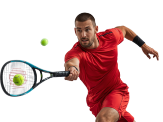 Dynamic tennis player in red poised to strike the ball with intense focus on a bright isolated