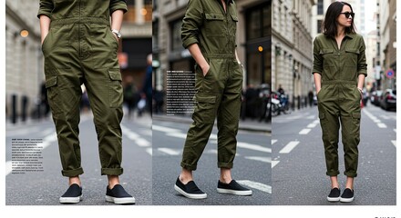 Urban Style: Olive Green Cargo Jumpsuit and Slip-On Sneakers
