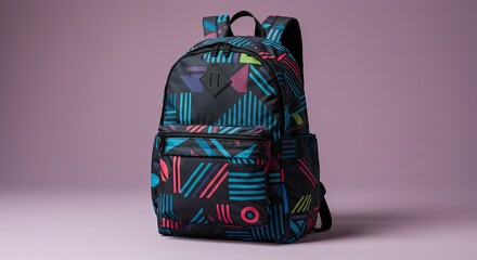 Vibrant Geometric Patterned Backpack on Soft Pink Background, Studio Shot
