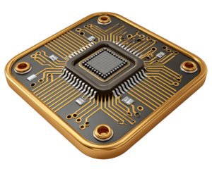 Gold neural AI microchip, futuristic hardware element for powerful computing. Photo realistic processor on circuit board symbolizing advanced digital technology