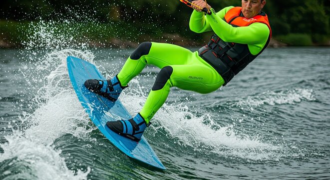 Wakeboarder in Action: Dynamic Water Sport with Vibrant Gear and Splashing Water