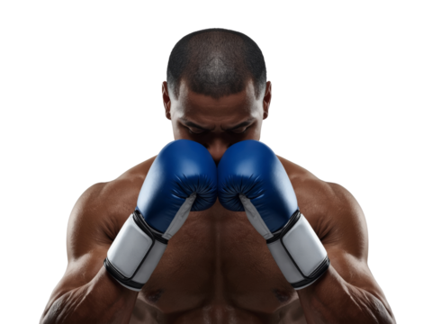 Intense boxer in protective stance wearing blue gloves against transparent space - Powered by Adobe