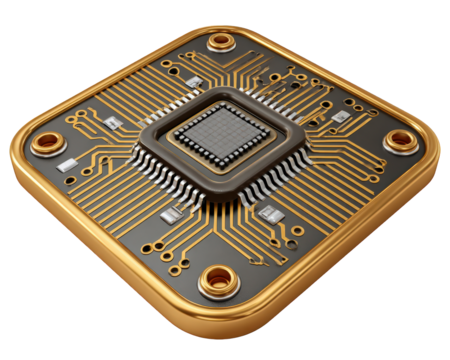 Gold neural AI microchip, futuristic hardware element for powerful computing. Photo realistic processor on circuit board symbolizing advanced digital technology
