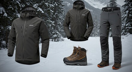 Winter Apparel Display: Jackets, Pants, and Boots in Snowy Mountain Setting
