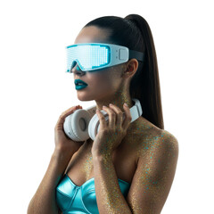 Futuristic portrait of a woman wearing illuminated glasses and holding headphones against an