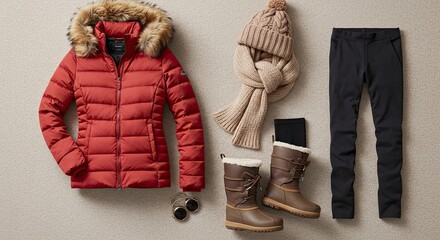 Winter Outfit Flat Lay: Red Puffer Jacket, Boots, Accessories, Cozy Comfort.