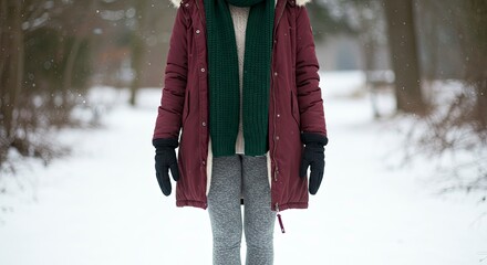 Winter Warmth: Woman in Burgundy Parka and Green Scarf in Snowy Landscape