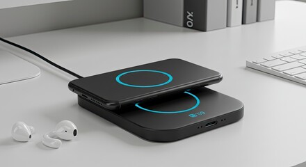 Wireless Charging Station with Phone and Earbuds on Desk