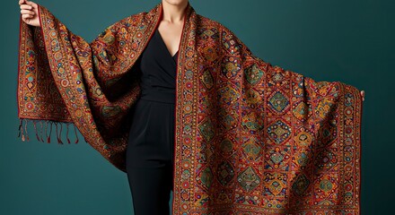 Woman draped in vibrant, intricately patterned Kashmiri shawl against teal backdrop.