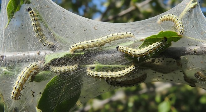 Fall webworms feeding on leaves in a protective web.