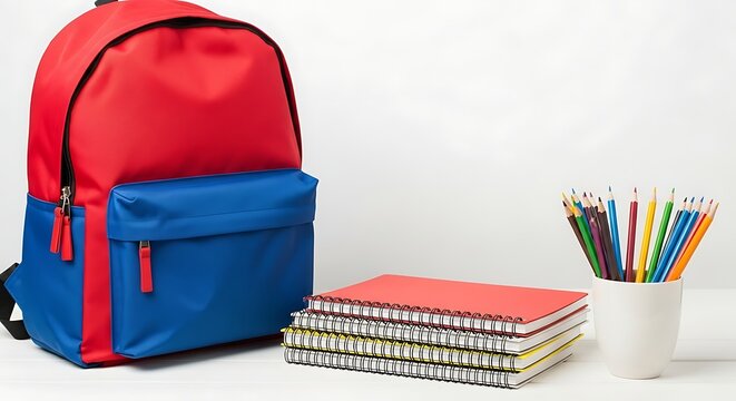 Backpack beside notebooks and pencils on white. Stationary object. Classroom concept. School supply flat lay. Student learning and study.