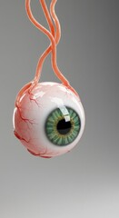 Hyperrealistic eye with fleshy tendrils floating on a light grayish purple background with blue iris, detailed blood vessels dripping organic 3d render anatomica,l creepy, viscous hanging close-up

