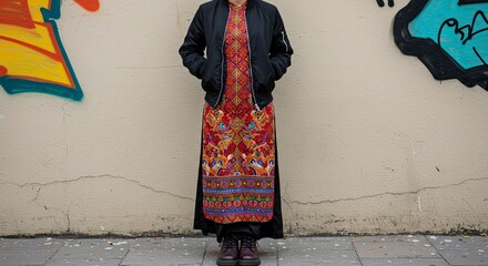 Woman in Ornate Dress and Bomber Jacket, Graffiti Background, Urban Fashion.