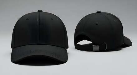 Two Black Baseball Caps, Front and Side Views, Mockup
