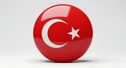 A vibrant, glossy 3D rendering of the Turkish flag in a smooth, spherical button shape.