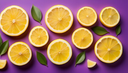 Fototapeta premium Bright Yellow Lemon Slices On A Vibrant Purple Background Create A Cheerful And Playful Design