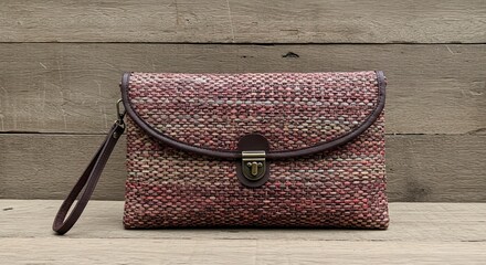 Woven Clutch Handbag: Rustic Texture, Leather Accents, Wooden Backdrop, Elegant Design.