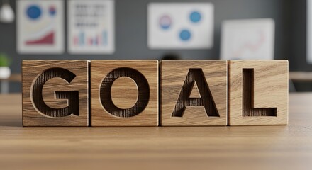 Wooden blocks spelling GOAL sit on a wood surface with graphcovered boards in the blurred background