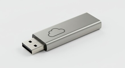 A silver USB drive with cloud symbol rests on plain white surface, suggesting easy data storage and access from remote servers. Cloud service concept.