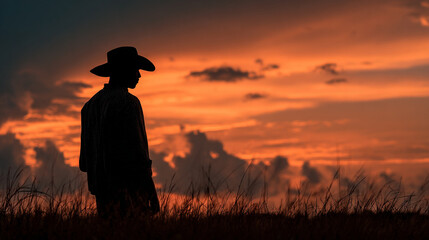 Silhouette of a cowboy standing in a field during a vibrant sunset.