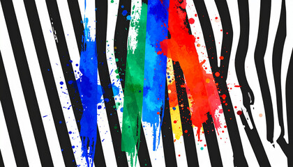 Bold Black and White Stripes Interrupted by Rainbow Paint Splatters and Brushstrokes
