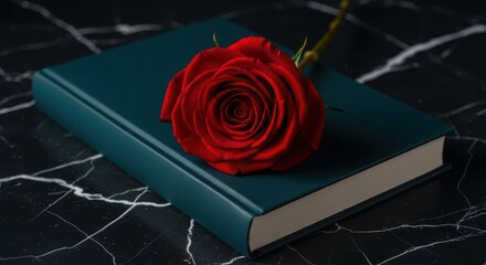 A single vibrant red rose resting on the cover of a closed, deep teal book, set against a dark, marbled background